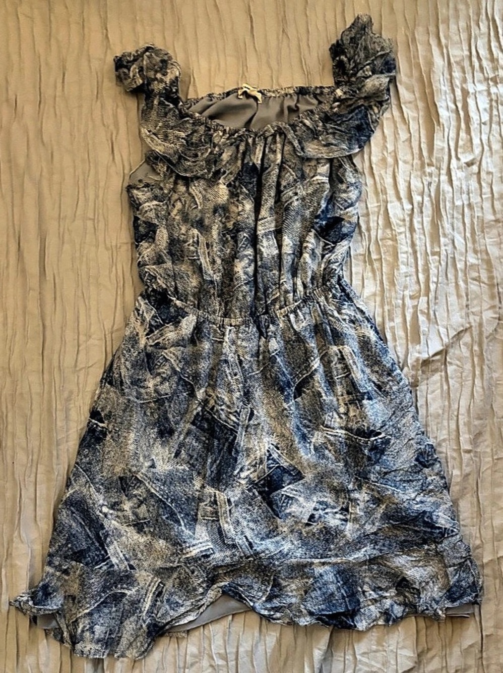 L'Agence Leonie Silk Off-The-Shoulder Dress Denim Print Small Read Flaws (pics)
